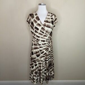 Sharon Max Faux Wrap Dress Brown Ivory Short Sleeve Stretch